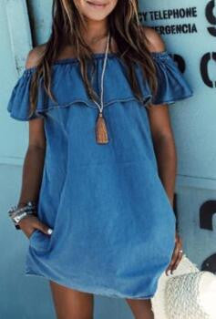 Romoti Winning Look Blue Denim Off The Shoulder Dress