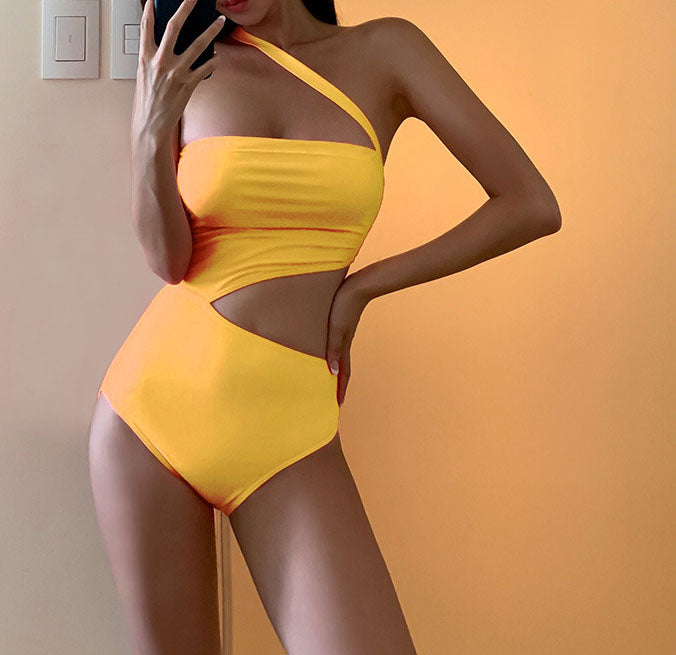 Solid Color Hollow Out Swimsuit