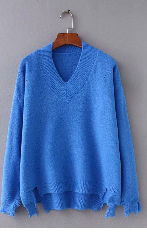 Solid Color V Neck High Low Sweater