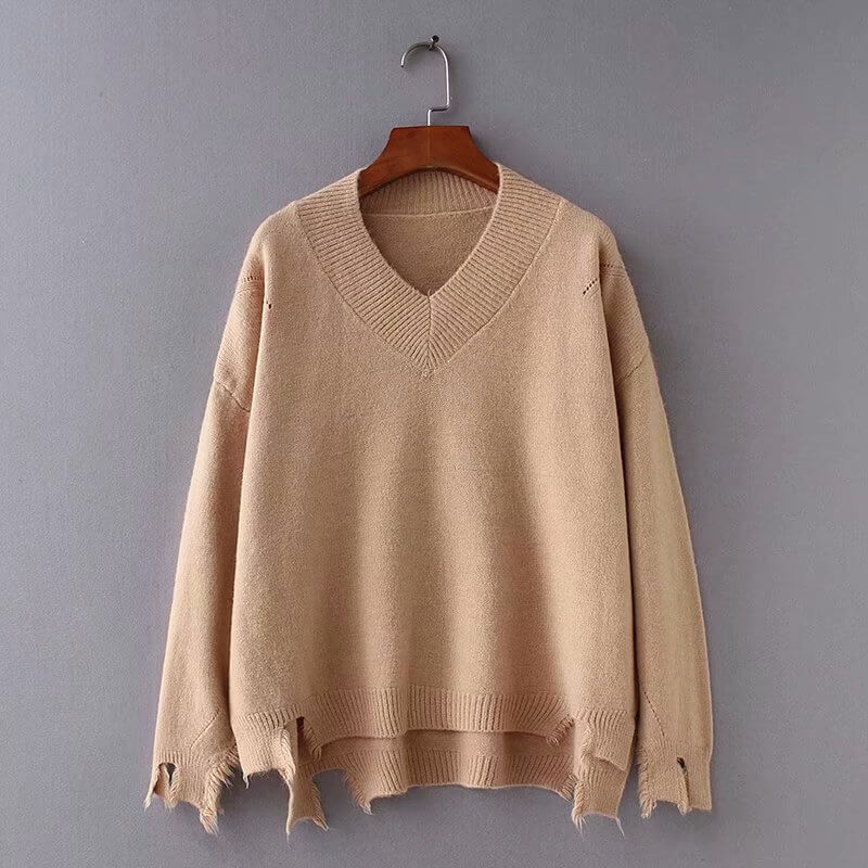 Solid Color V Neck High Low Sweater