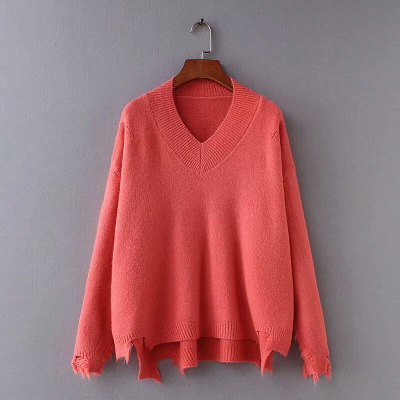 Solid Color V Neck High Low Sweater