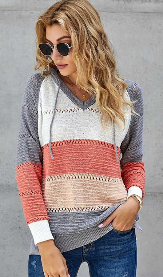 V Neck Hooded Sweater