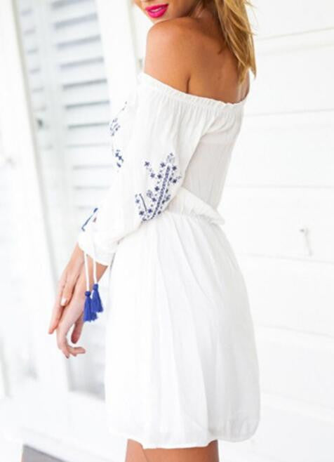 Vintage Graphic Off Shoulder A-line Dress Half Sleeve Dress romoti Vintage Graphic Off Shoulder A-line Dress Half Sleeve Dress romoti