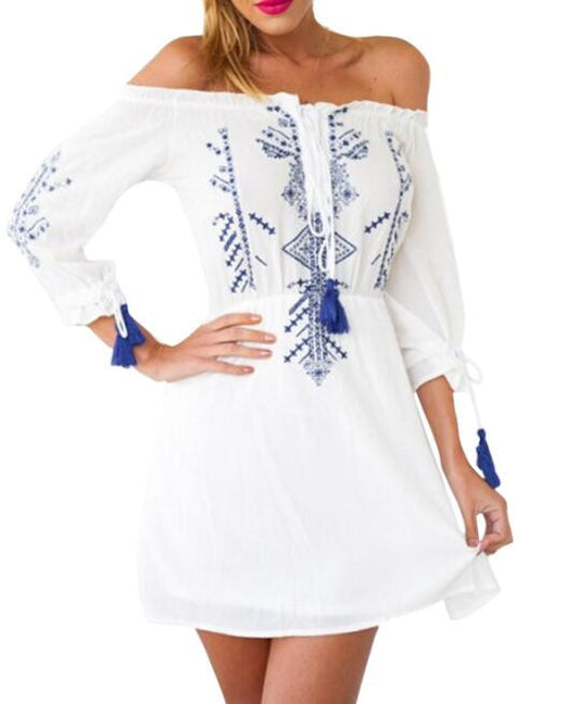 Vintage Graphic Off Shoulder A-line Dress Half Sleeve Dress