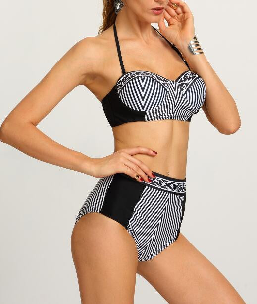 Stripe Print High Waist Bikini Set
