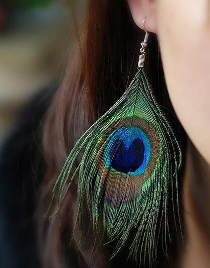 Green Faux Peacock Feather Earrings