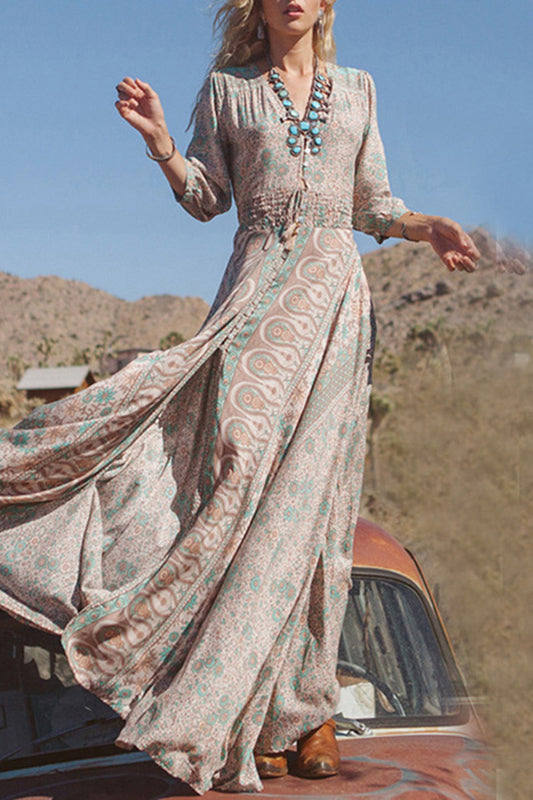 Vintage Printing Elastic Waist Slit Maxi Dress