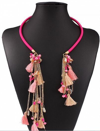 Pink Chain Stone Tassel Open Cuff Boho Necklace
